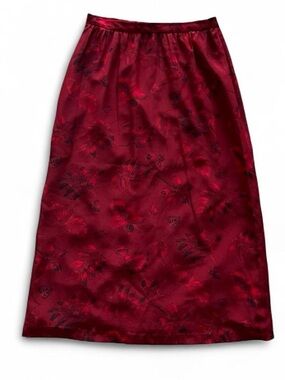 90s Vintage Maggy London Deep Red 100% Silk Leaf Print Maxi Skirt
